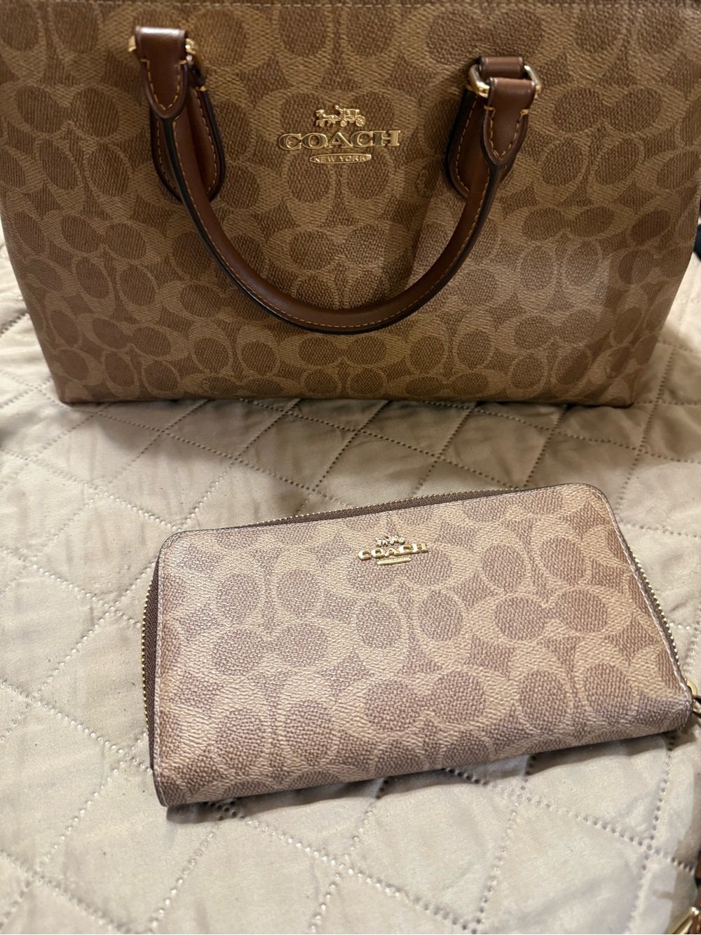 Coach Signature Monogram Tote with Zip-Around Wallet - Tan Brown